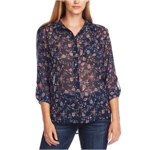 NWT Vince Camuto Women's Sheer Long Sleeve Blouse Navy Floral Roll Tab Size XS